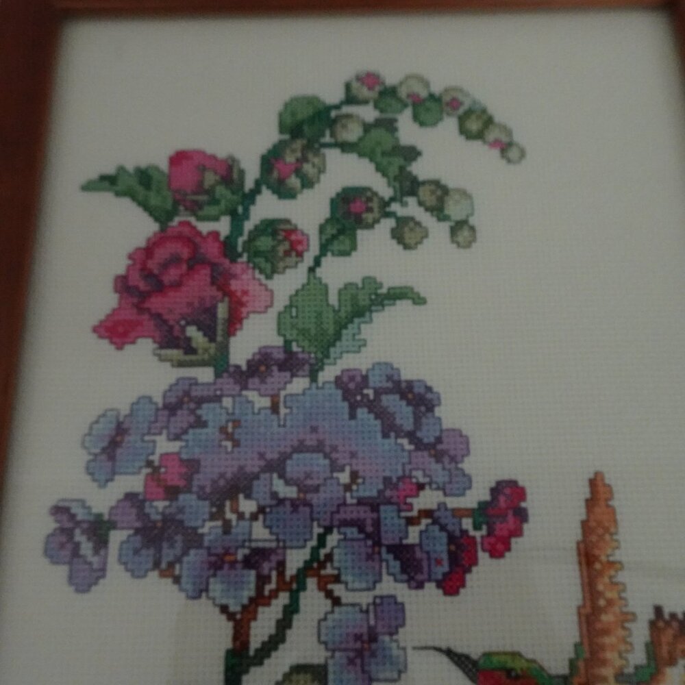 Vintage Framed Bird Embroidery Cross Stitch Hummingbird Floral 9.75"x15.5" - Picture 3 of 5